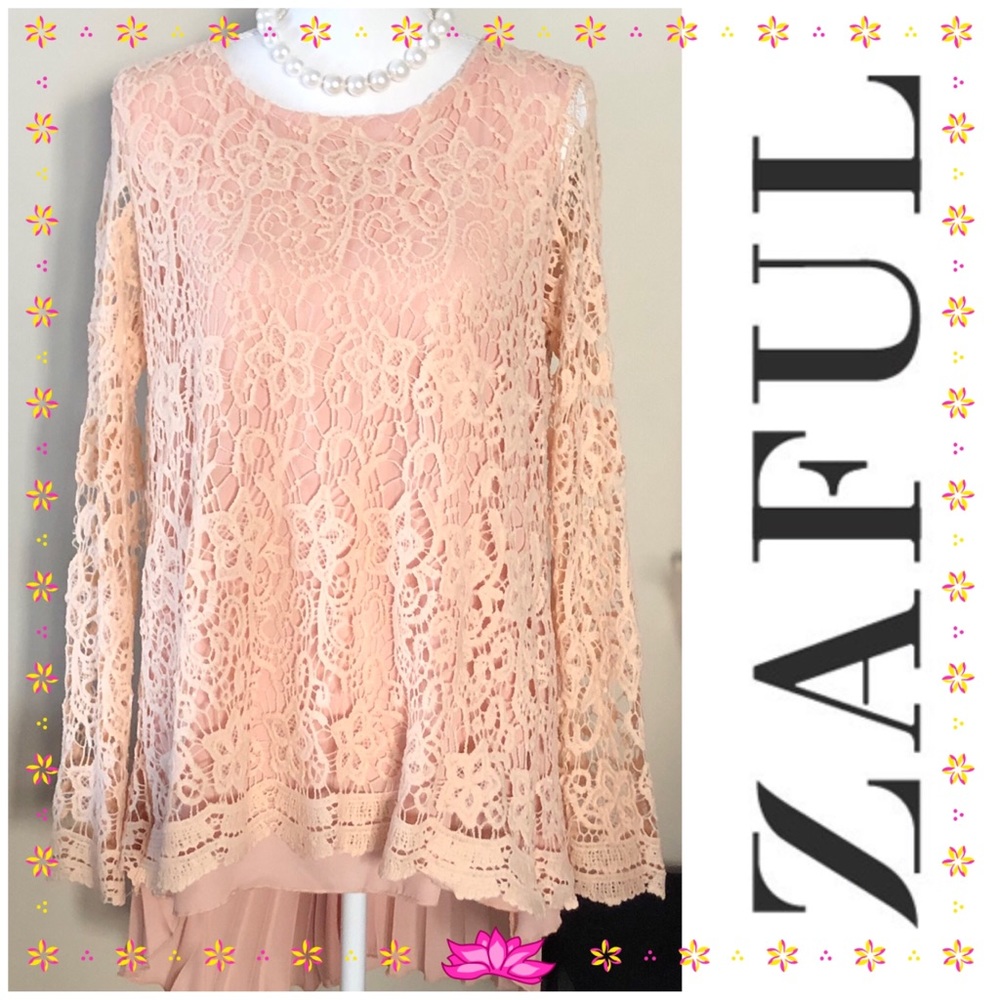 NWT SEXY, ZAFUL LONG SLEEVE LACEY, BEAUTIFUL, HIGH LOW PLEATED TOP